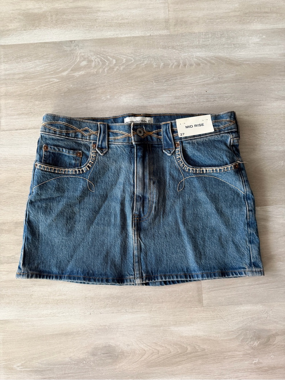 NWT Abercrombie & Fitch Blue Denim Embroidered Mid Rise Mini Skirt